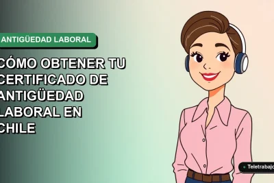 Guía ilustrada para obtener el certificado de antigüedad laboral en Chile, con trabajadora de estilo corporativo moderno.