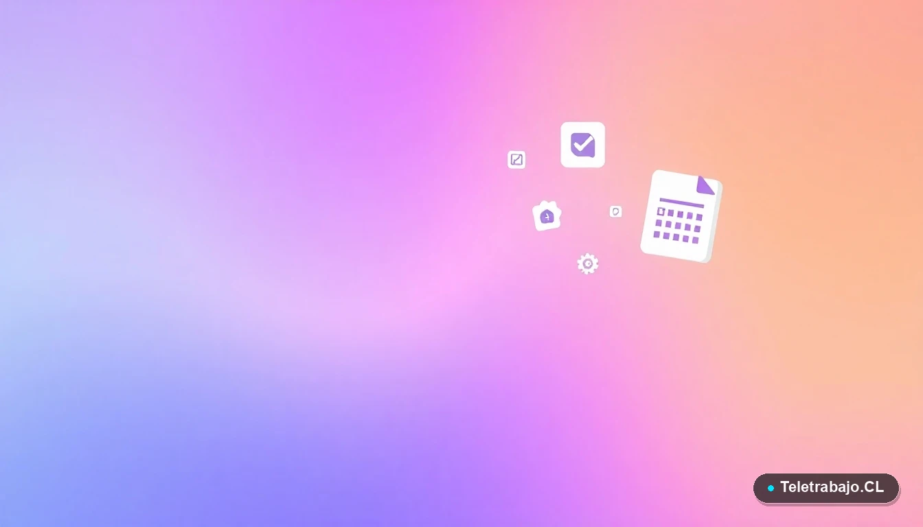 Iconos abstractos de interfaz de usuario que representan documentos, calendarios y procesos para el trámite del certificado de antigüedad laboral.
