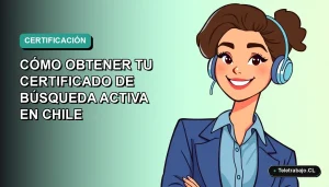 Ilustración plana vectorial de una mujer profesional chilena con blusa azul, sonriendo, sobre fondo degradado verde azulado. Representa la obtención del certificado de búsqueda activa de empleo.