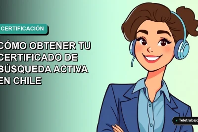 Ilustración plana vectorial de una mujer profesional chilena con blusa azul, sonriendo, sobre fondo degradado verde azulado. Representa la obtención del certificado de búsqueda activa de empleo.