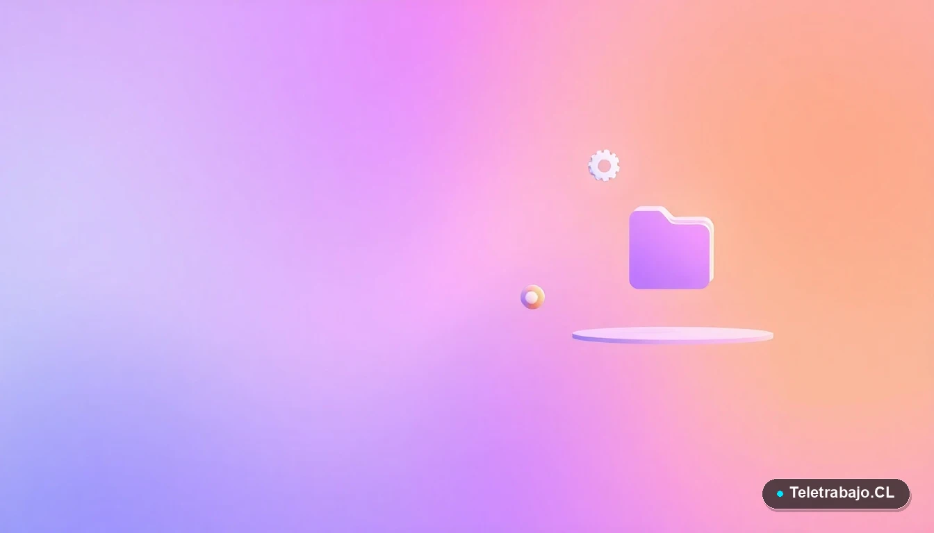 Ilustración abstracta de interfaz de usuario con gráficos flotantes y un ícono de engranaje en tonos lavanda y durazno, representando el proceso digital de la búsqueda activa de empleo en Chile.