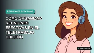 Ilustración plana corporativa de mujer chilena teletrabajando sonriendo, fondo gradiente azul verdoso vacío.