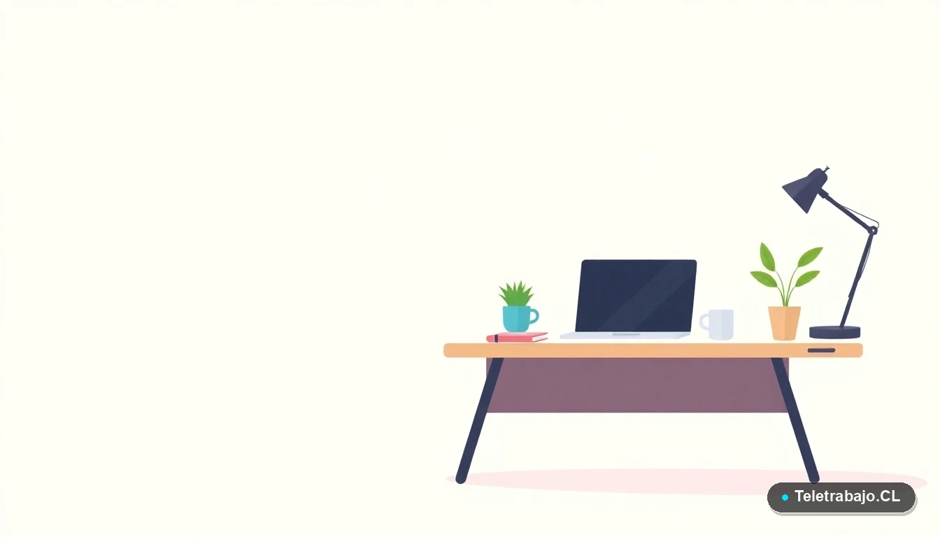 Escritorio moderno minimalista para teletrabajo con laptop, cuaderno y planta, ilustración plana con fondo gradiente de menta.