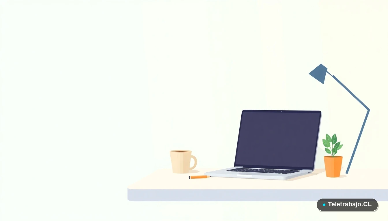 Escritorio moderno y minimalista para teletrabajo con laptop, cuaderno, taza de café y planta, fondo degradado verde menta.