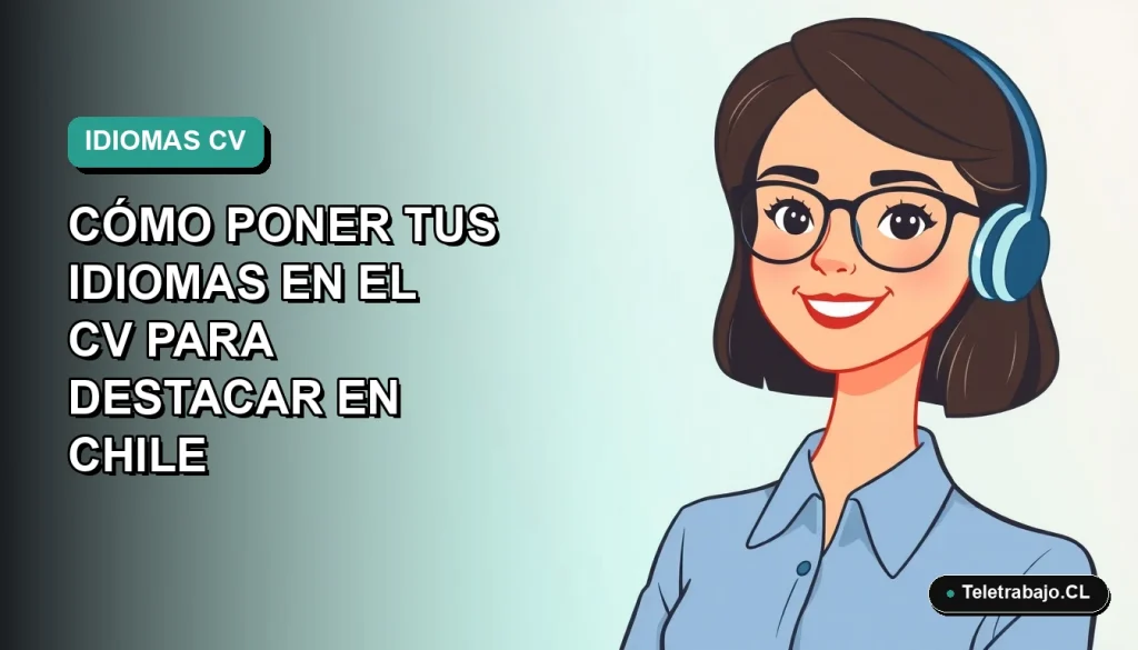Ilustración plana de mujer profesional sonriente con blusa azul y lentes, fondo degradado verde azulado, concepto de currículum y habilidades lingüísticas en Chile.