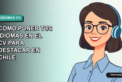 Ilustración plana de mujer profesional sonriente con blusa azul y lentes, fondo degradado verde azulado, concepto de currículum y habilidades lingüísticas en Chile.