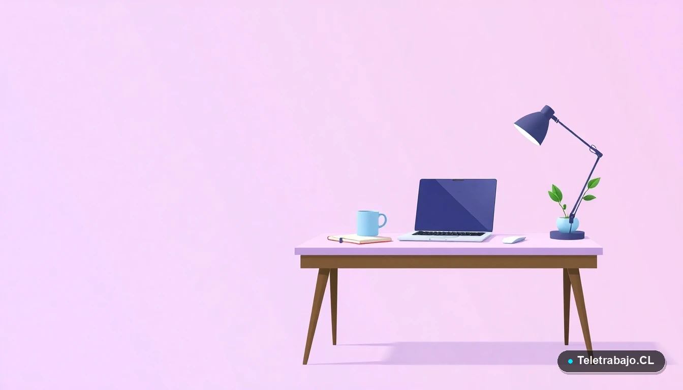 Escritorio moderno minimalista con laptop, cuaderno, planta y taza de café, ilustración plana con fondo degradado lila, concepto de espacio de trabajo y productividad.