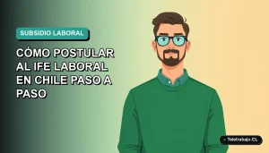 Ilustración plana vectorial de un trabajador chileno con suéter verde y camisa, sobre fondo degradado azul verdoso, para guía del IFE Laboral 2026.