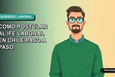 Ilustración plana vectorial de un trabajador chileno con suéter verde y camisa, sobre fondo degradado azul verdoso, para guía del IFE Laboral 2026.