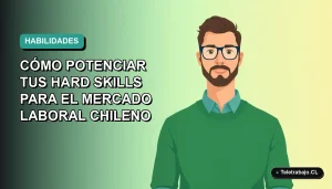 Ilustración plana vectorial de un trabajador masculino de tecnología con suéter verde, sobre un fondo degradado azul verdoso. Espacio negativo a la izquierda.