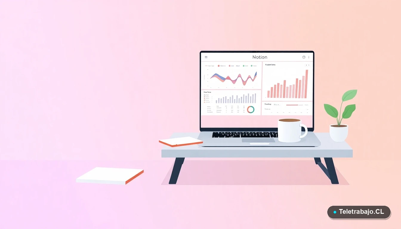 Escritorio moderno minimalista con laptop, gráficos abstractos, taza de café y planta suculenta, sobre fondo degradado lila y durazno. Concepto de espacio de trabajo limpio y productivo.