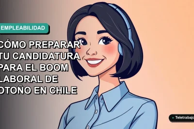 Ilustración vectorial plana de una mujer profesional chilena con blusa azul y corte bob, sonriendo, sobre fondo degradado verde azulado suave. Espacio negativo a la izquierda.