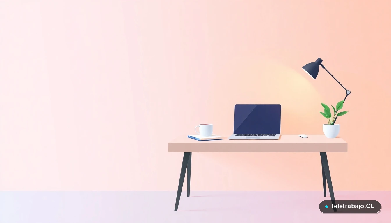 Escritorio moderno minimalista con laptop, cuaderno, taza de café y planta suculenta, en estilo de ilustración vectorial plana, sobre fondo degradado lila y durazno.