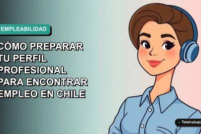 Ilustración plana de mujer profesional chilena sonriente con blusa azul, sobre fondo degradado verde agua, concepto de preparación laboral.