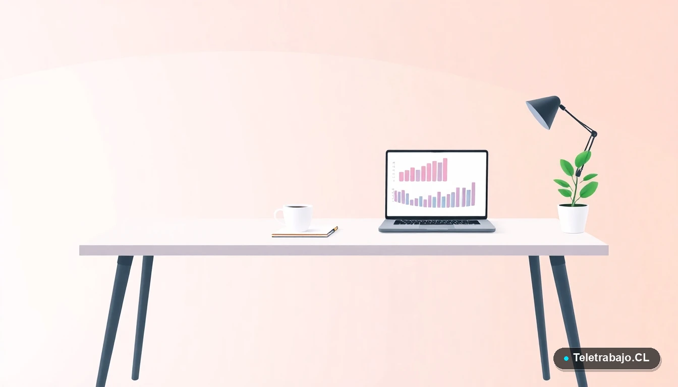 Escritorio moderno minimalista con laptop, taza de café y planta, sobre fondo degradado lila, concepto de espacio de trabajo preparado.