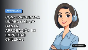 Ilustración vectorial plana de una mujer profesional chilena con blusa azul y corte bob, sobre fondo degradado azul y gris, representando la aprobación de proyectos.