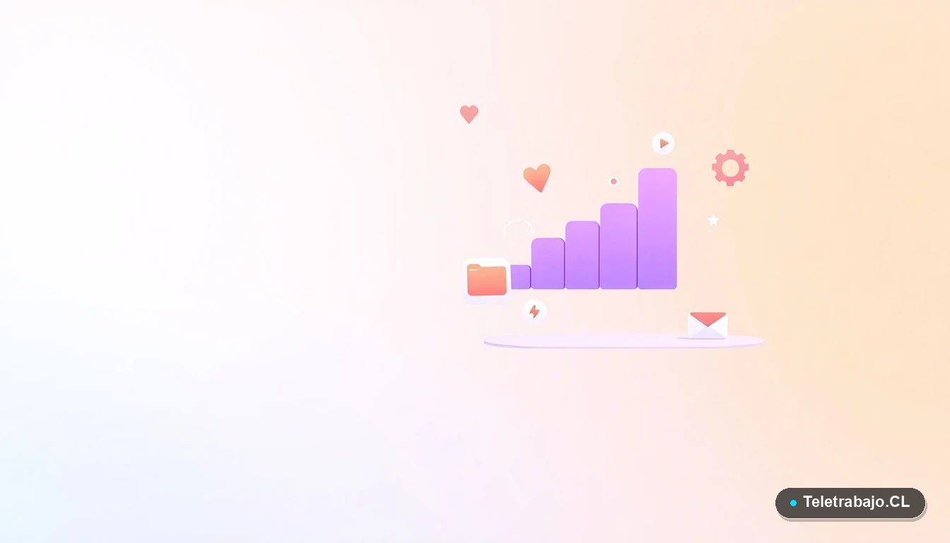 Elementos de interfaz de usuario abstractos y modernos, con gráficos, engranajes y carpetas en tonos lavanda y durazno, sobre fondo degradado.