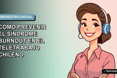 Ilustración vectorial plana de una trabajadora chilena de teletrabajo sonriente, con fondo degradado azul pastel. Concepto de bienestar laboral y prevención del agotamiento.