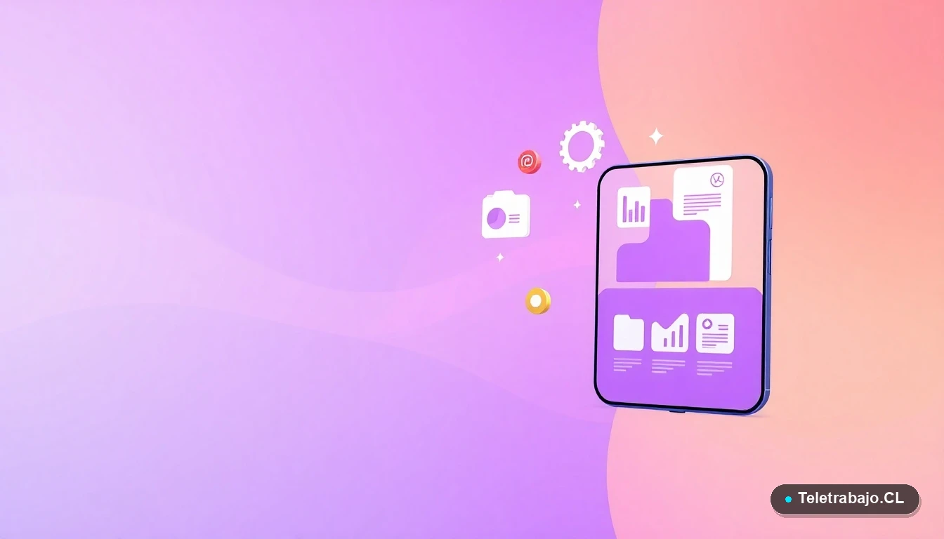 Elementos de interfaz de usuario abstractos y coloridos, como gráficos y engranajes flotantes, sobre un fondo degradado lila. Representación visual de productividad y datos en el teletrabajo.