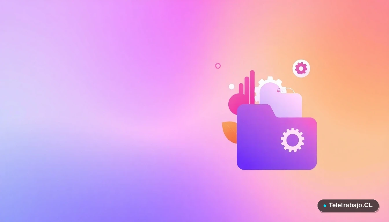 Composición abstracta de interfaz de usuario con gráficos y engranajes flotantes en estilo vectorial plano, sobre fondo degradado lila, simbolizando herramientas digitales para la gestión del bienestar laboral.