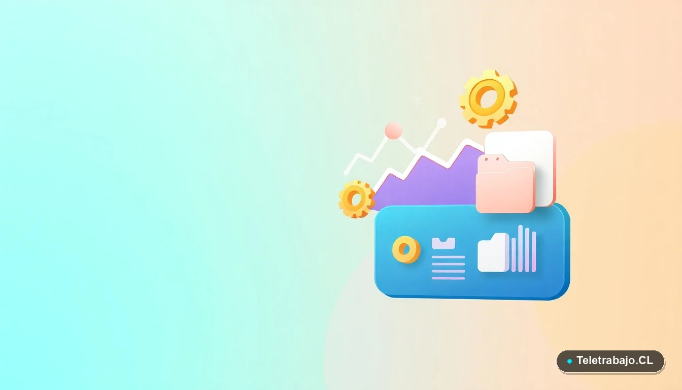 Composición abstracta de interfaz de usuario tecnológica con gráficos flotantes, engranajes y carpetas minimalistas en tonos verdes azulados. Fondo degradado menta. Concepto de estrategia y datos para la protección financiera.