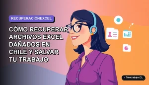 Ilustración vectorial plana de una profesional chilena de teletrabajo con expresión de alivio junto a íconos de gráficos y carpetas de Excel, sobre fondo degradado lavanda.