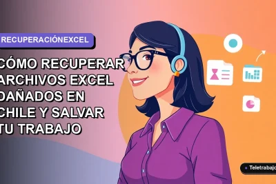 Ilustración vectorial plana de una profesional chilena de teletrabajo con expresión de alivio junto a íconos de gráficos y carpetas de Excel, sobre fondo degradado lavanda.