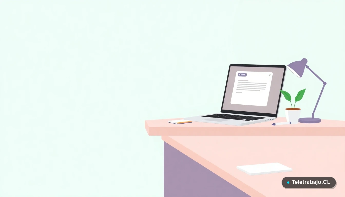 Escritorio moderno minimalista con laptop y elementos de oficina, representando la redacción de un correo profesional en Chile.