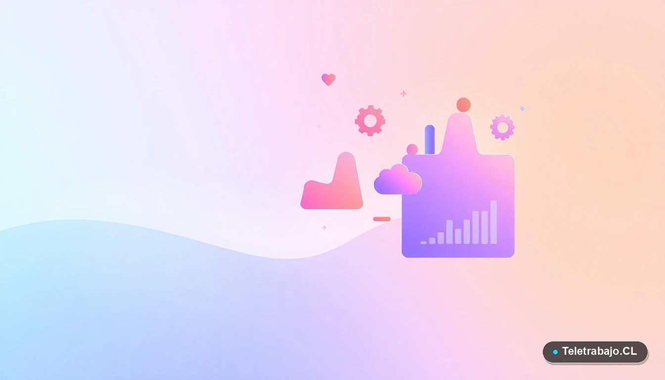 Elementos de interfaz de usuario abstractos y modernos, como gráficos y engranajes flotantes en tonos lavanda y durazno, sobre un fondo degradado de menta, representando conceptos de comunicación y tecnología.