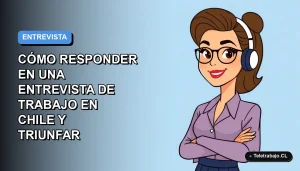 Ilustración plana vectorial de una mujer profesional chilena en una entrevista laboral remota, con fondo degradado azul.