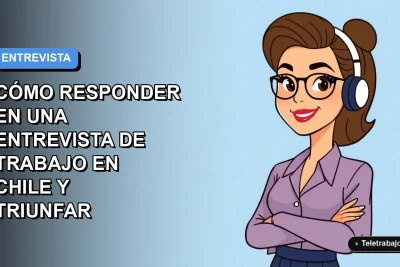 Ilustración plana vectorial de una mujer profesional chilena en una entrevista laboral remota, con fondo degradado azul.