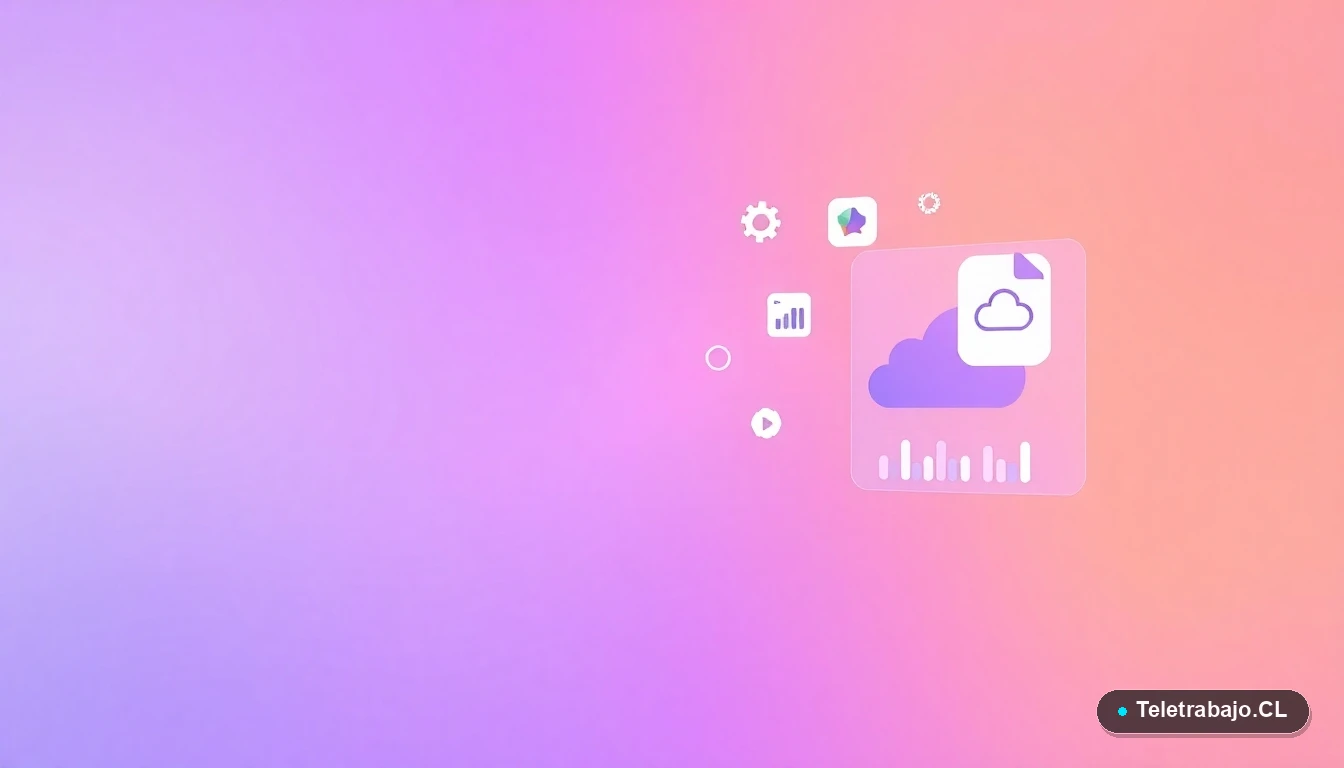 Elementos de interfaz de usuario abstractos y modernos, como gráficos y engranajes flotantes, sobre fondo degradado lavanda.