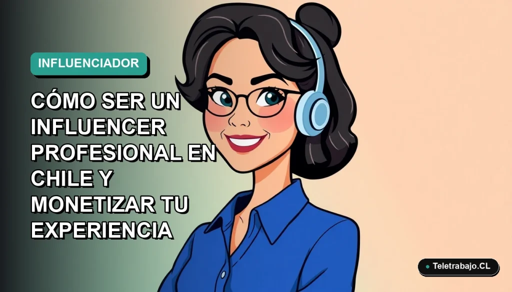 Ilustración plana vectorial de una mujer chilena joven, profesional, con blusa azul y peinado moderno, sonriendo, sobre fondo degradado verde azulado. Representa a una influencer digital.