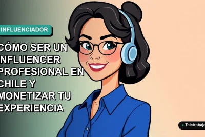 Ilustración plana vectorial de una mujer chilena joven, profesional, con blusa azul y peinado moderno, sonriendo, sobre fondo degradado verde azulado. Representa a una influencer digital.