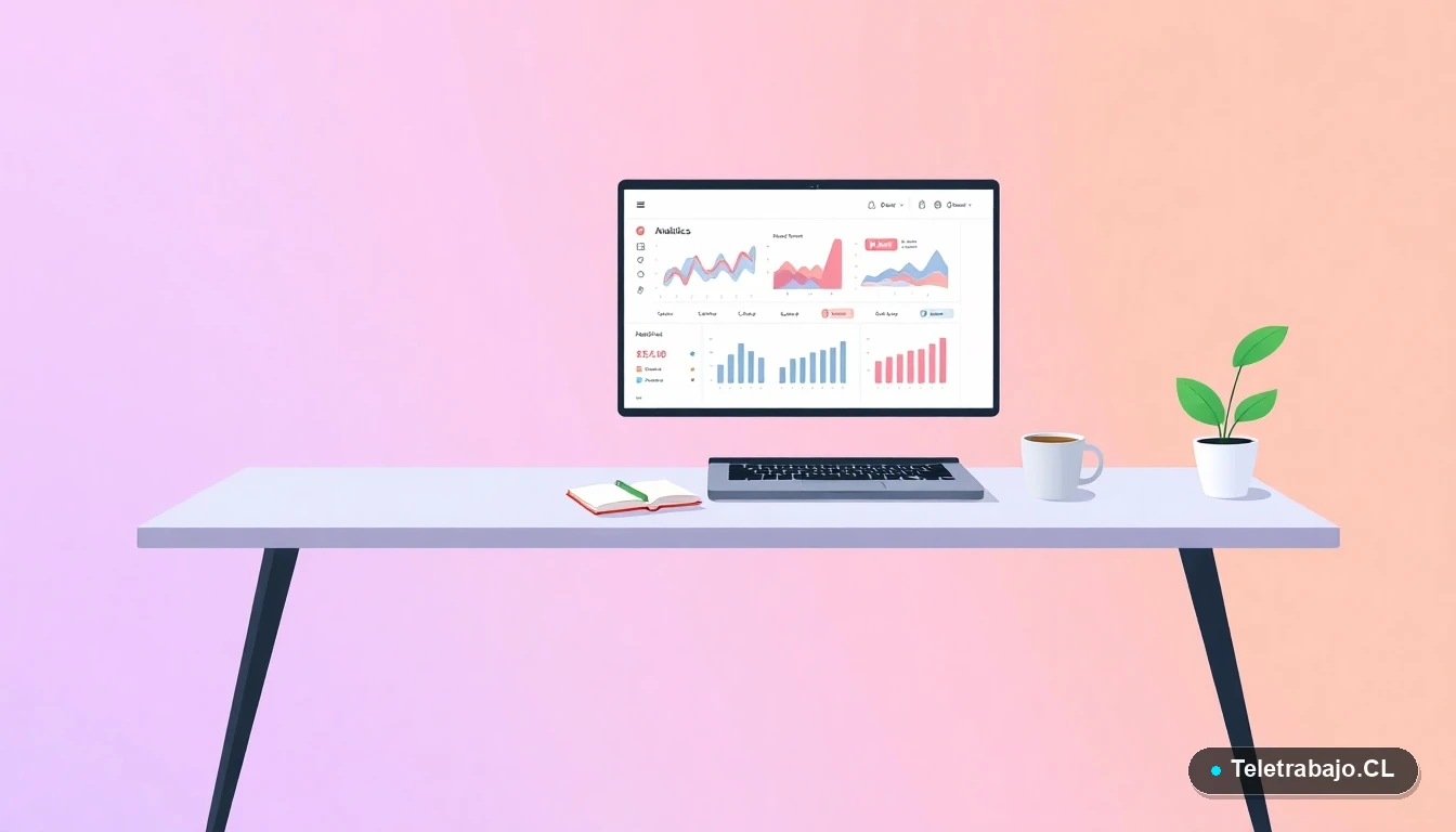 Escritorio moderno minimalista con laptop abierto mostrando gráficos, taza de café y planta suculenta, sobre fondo degradado lavanda y durazno. Concepto de trabajo digital y análisis de métricas.
