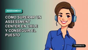 Ilustración plana vectorial de una mujer profesional chilena sonriente, con blusa azul y corte de pelo moderno, sobre fondo degradado verde azulado. Representa éxito en evaluación laboral.