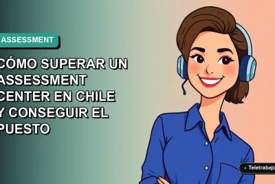 Ilustración plana vectorial de una mujer profesional chilena sonriente, con blusa azul y corte de pelo moderno, sobre fondo degradado verde azulado. Representa éxito en evaluación laboral.