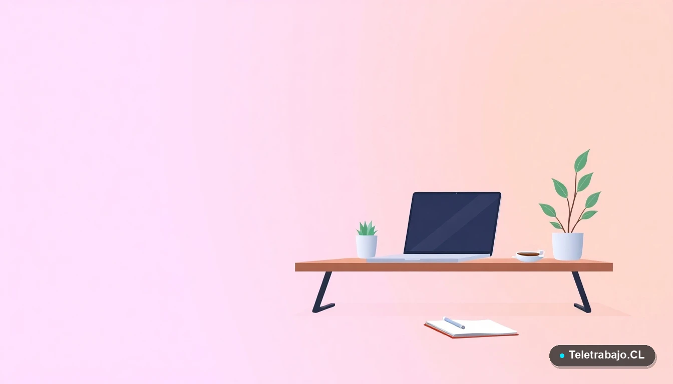 Escritorio moderno minimalista para trabajo remoto, con laptop, cuaderno, taza de café y planta, en estilo ilustración vectorial plana sobre fondo degradado lila y durazno.