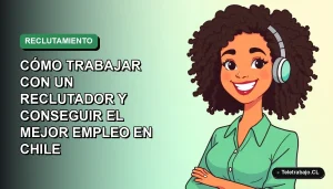 Ilustración plana de una profesional chilena de recursos humanos sonriendo, con fondo degradado verde y azul.