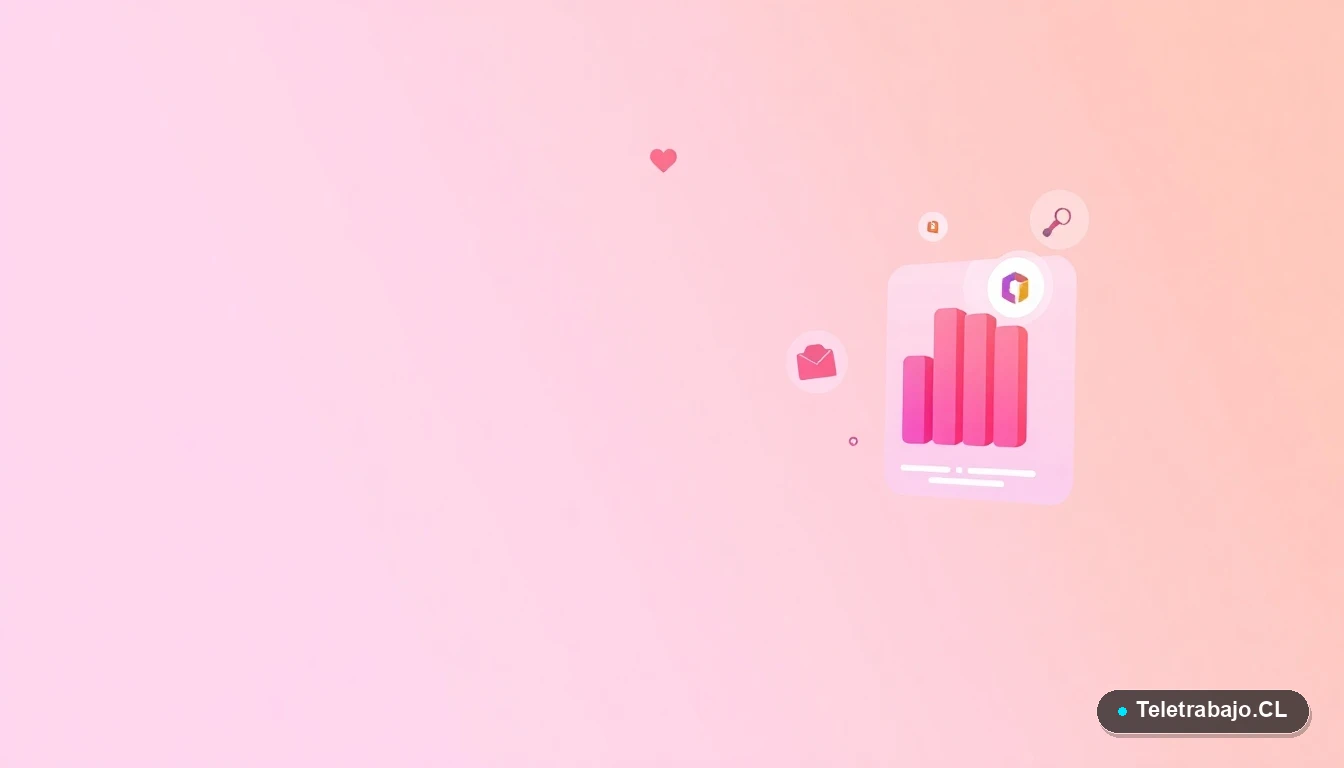 Elementos de interfaz de usuario abstractos y coloridos, como gráficos y carpetas flotantes, sobre fondo degradado lila y durazno.