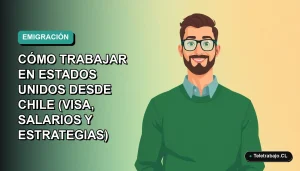 Ilustración vectorial plana de un hombre profesional chileno trabajando remotamente para Estados Unidos, con fondo degradado azul verdoso.