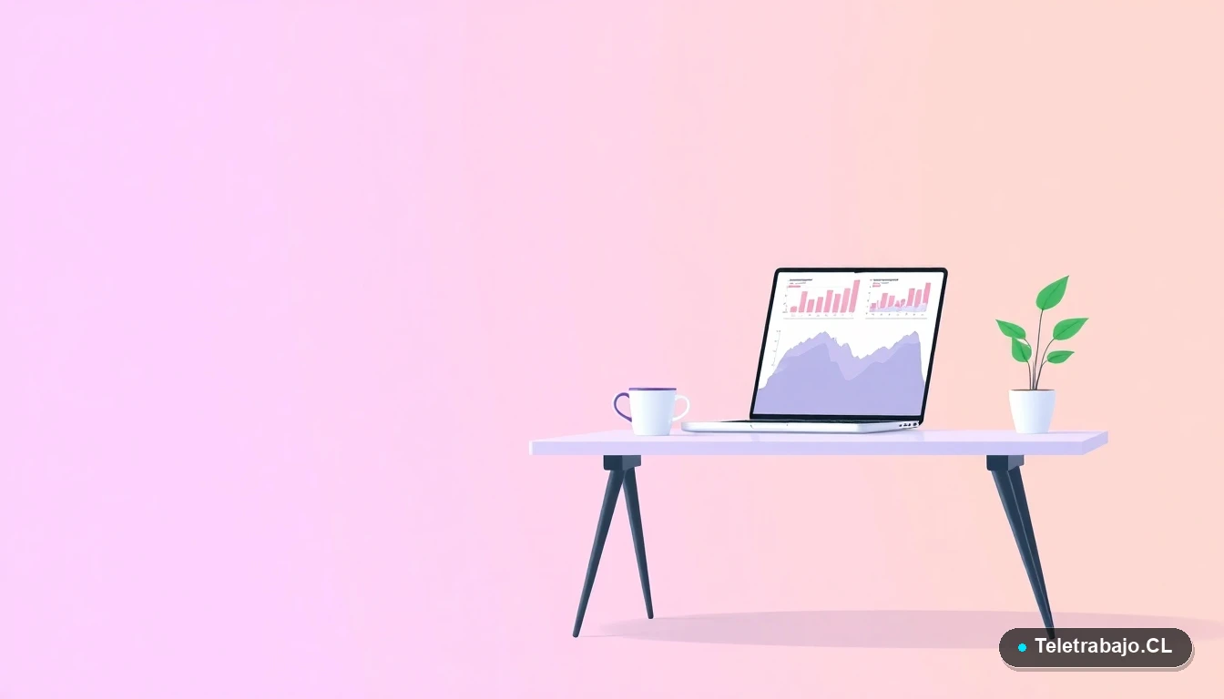 Escritorio moderno minimalista con laptop, gráficos y una planta, representando el trabajo remoto internacional, con fondo degradado lila y durazno.
