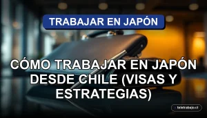 Guía para profesionales chilenos sobre visas y estrategias para trabajar en Japón, mostrando un entorno corporativo de alta gama.