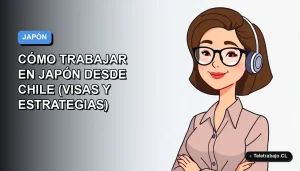 Ilustración vectorial plana de una mujer profesional chilena con blusa azul y lentes, sonriendo, sobre un fondo degradado suave azul y blanco. Representa el teletrabajo y oportunidades laborales en Japón.
