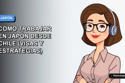 Ilustración vectorial plana de una mujer profesional chilena con blusa azul y lentes, sonriendo, sobre un fondo degradado suave azul y blanco. Representa el teletrabajo y oportunidades laborales en Japón.