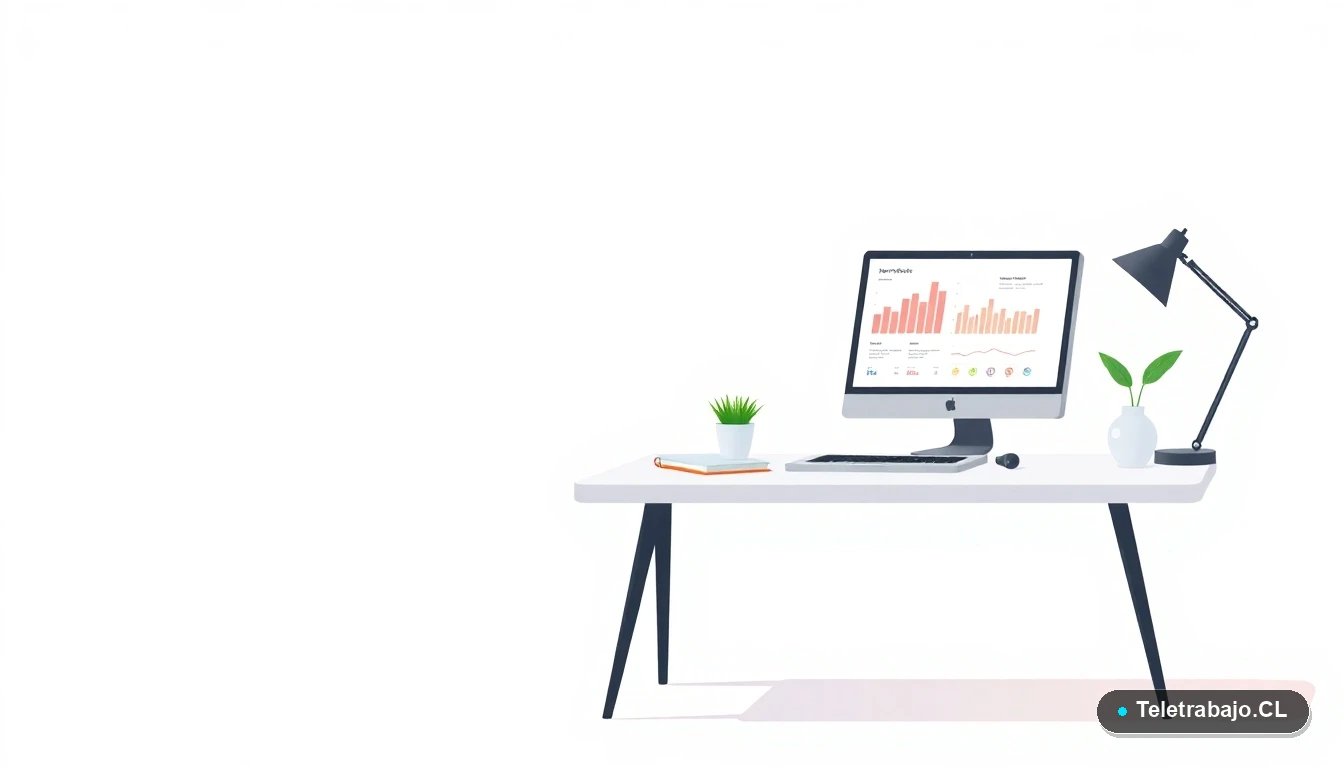 Escritorio moderno minimalista con laptop, planta y cuaderno, sobre fondo degradado en tonos menta, representando un espacio de trabajo limpio y productivo para profesionales.