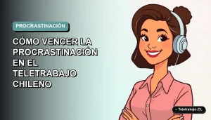 Ilustración plana corporativa de una mujer chilena teletrabajando sonriendo, con fondo degradado azul verdoso. Concepto de productividad y enfoque.