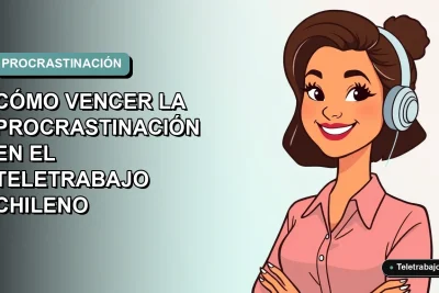 Ilustración plana corporativa de una mujer chilena teletrabajando sonriendo, con fondo degradado azul verdoso. Concepto de productividad y enfoque.