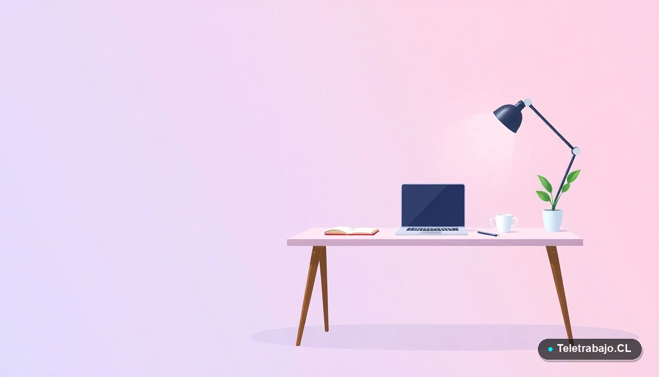 Escritorio moderno y ordenado para teletrabajo, con laptop, cuaderno, taza de café y planta, en estilo de ilustración vectorial plana. Representa un espacio de trabajo productivo y minimalista.