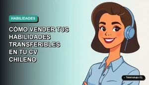 Ilustración plana vectorial de una mujer profesional chilena con blusa azul, sonriendo, sobre fondo degradado verde azulado. Concepto de CV y habilidades laborales.